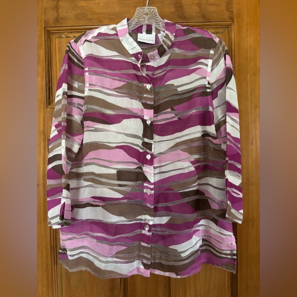 Alfred Dunner Tops - Alfred Dunner Pink, Purple and Gray Striped Semi-Sheer Blouse